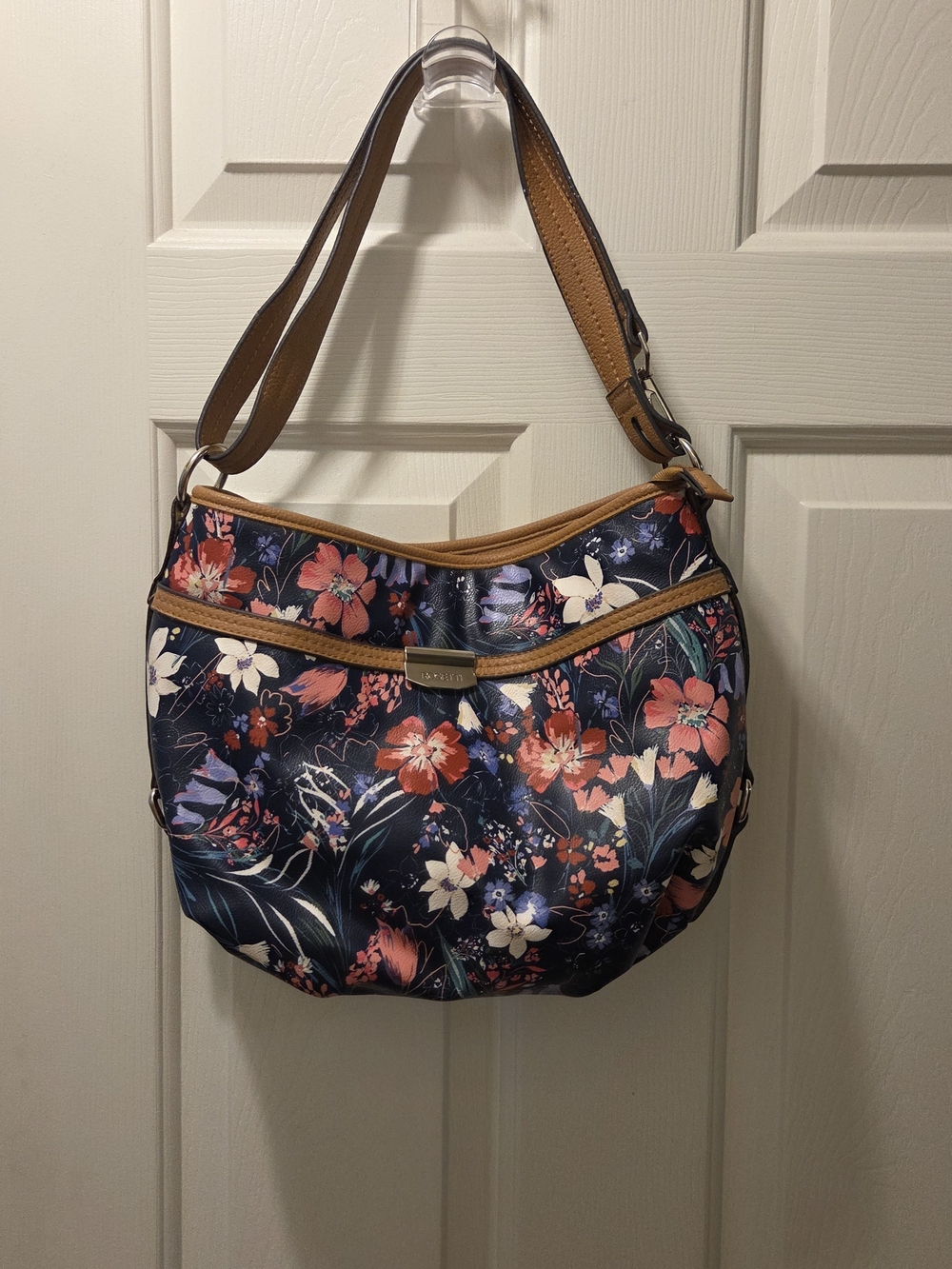 Floral Navy Shoulder Bag with Tan Trim by Relic